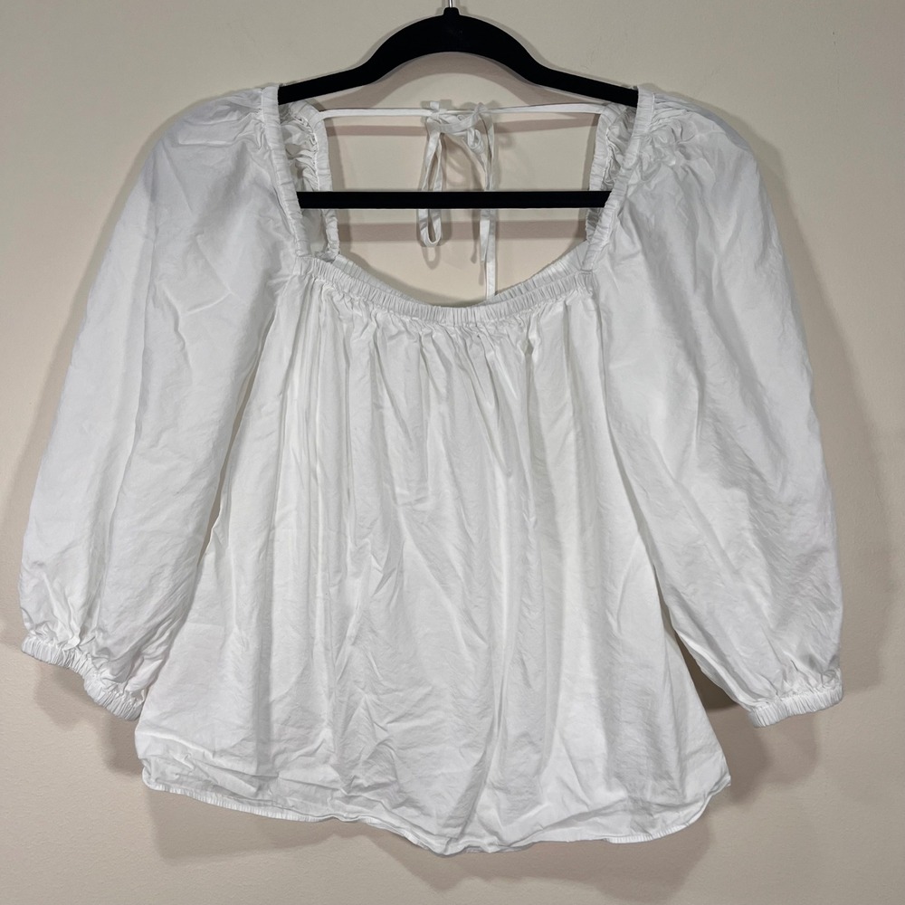 Madewell White Cotton Puff Sleeve Tie Back Square Neck Blouse Top Size 4